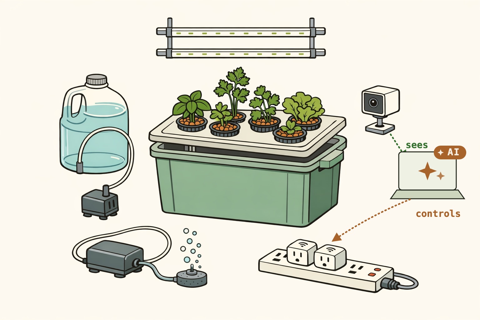 Field-guide illustration of the samogrow build: two full-spectrum T5 light strips above a green DWC tote of basil, parsley, cilantro and lettuce in net cups, a top-up water jug with a small pump, a Wi-Fi camera, an air pump feeding an air stone, and two smart plugs.