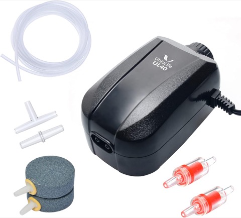 Adjustable dual-outlet aquarium air-pump kit — bundles tubing, air stones and check valves