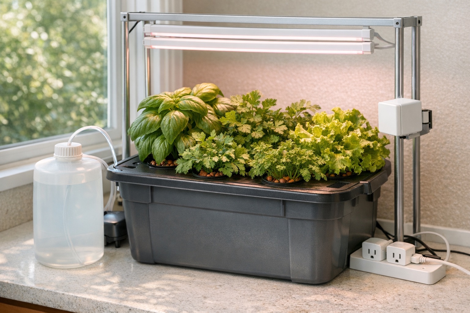 Rendered mock-up of a finished samogrow build on a kitchen counter: a dark opaque tote of basil, parsley, cilantro and lettuce in net cups under two adjustable full-spectrum T5 strips, with a top-up water jug and pump, an air pump, a Wi-Fi camera, and two smart plugs.