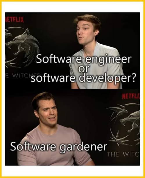 Interview still: asked 'software engineer or software developer?', the caption answers 'software gardener.'